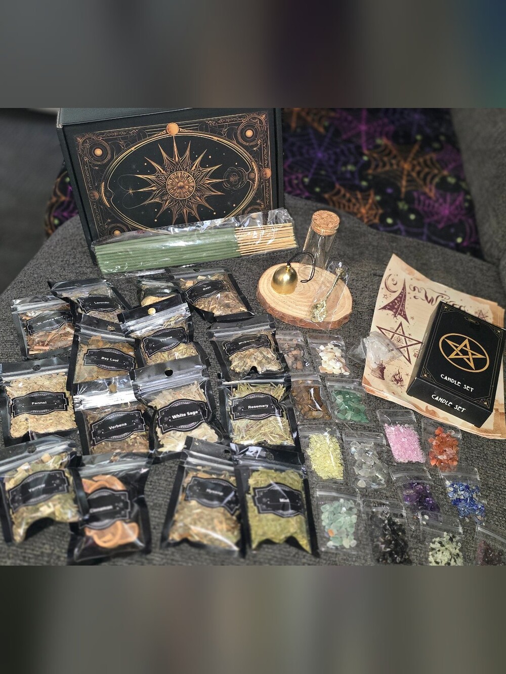 Herbal & Crystal Spell Kit with Incense and Candle Set - Black/Gold Accents